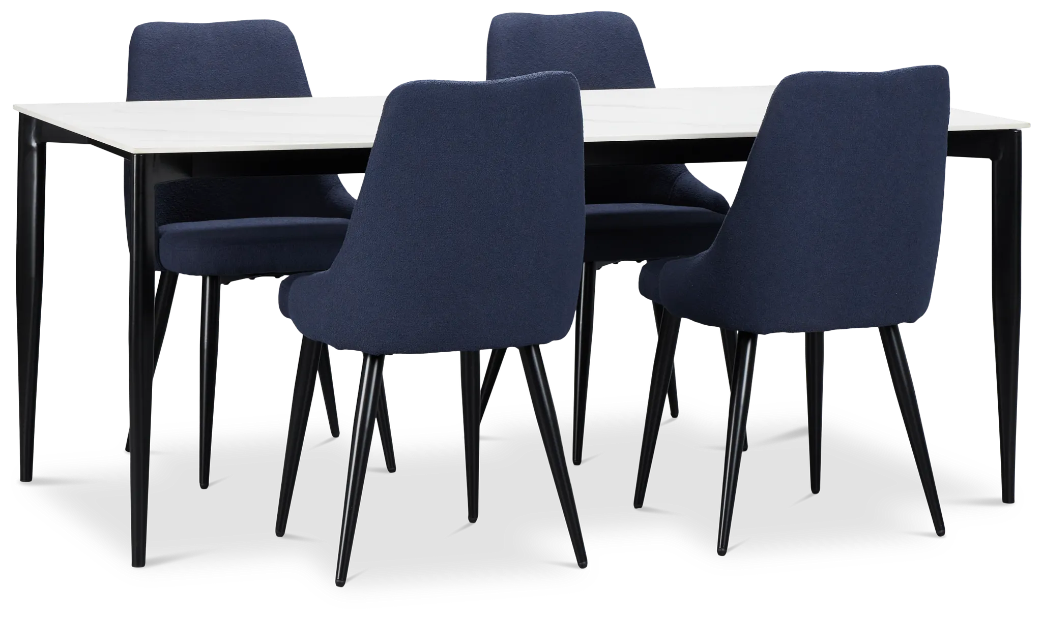 Andover White Rect Table & 4 Dark Blue Upholstered Curved Chairs