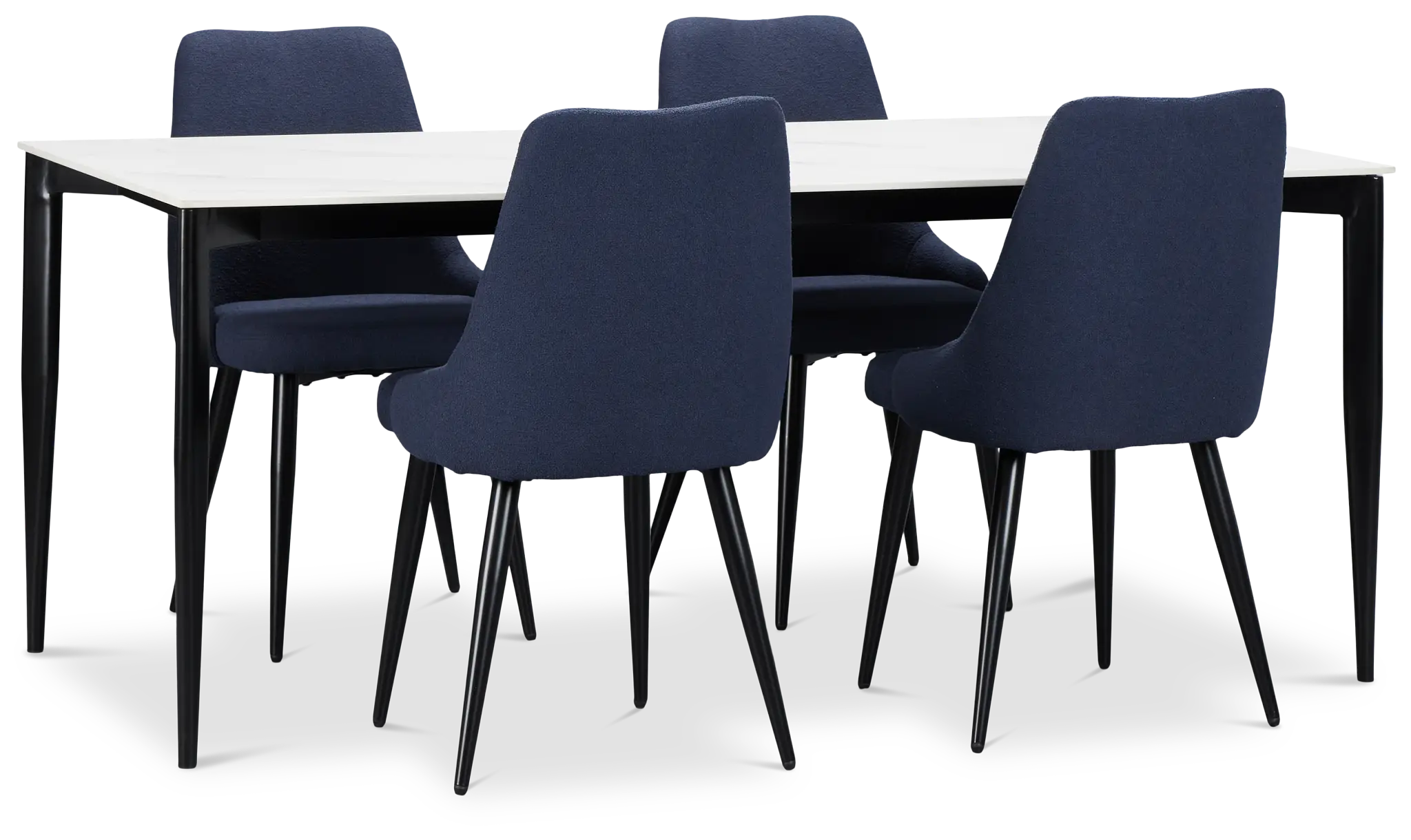 Andover White Rect Table & 4 Dark Blue Upholstered Curved Chairs Andover White Rect Table & 4 Dark Blue Upholstered Curved Chairs