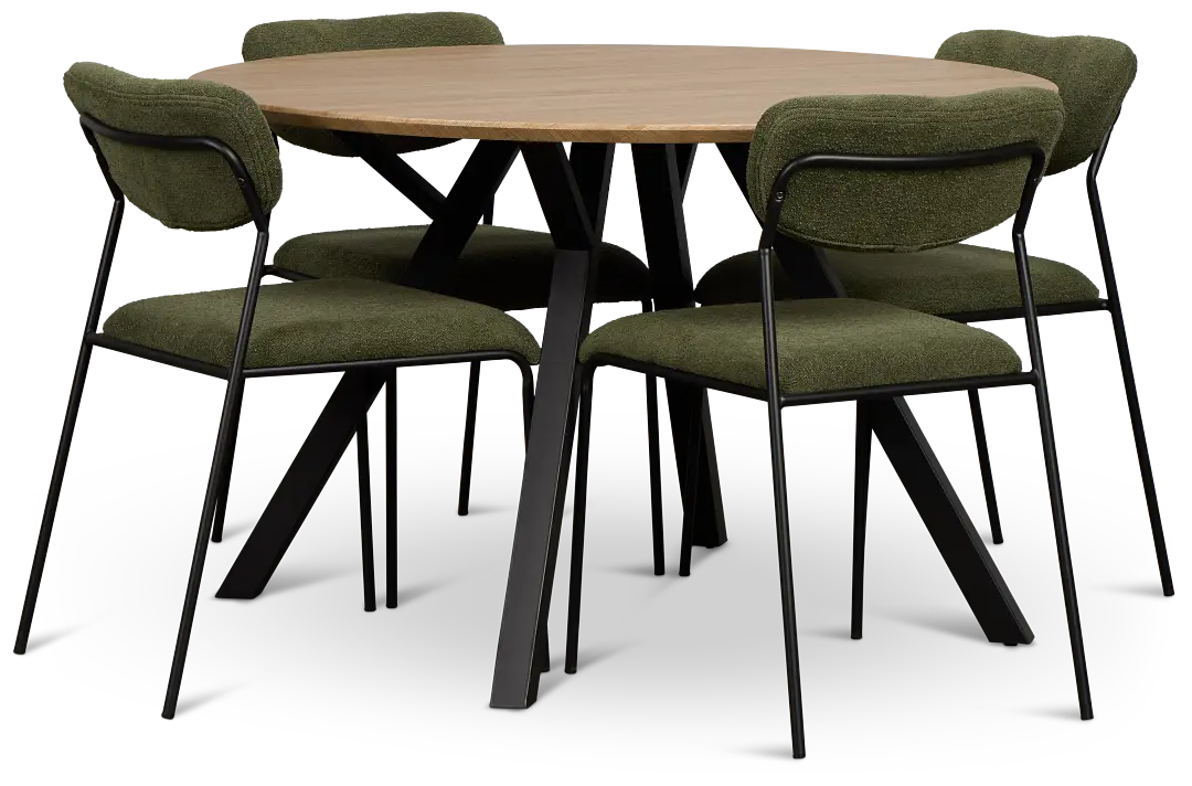 Lynden Light Tone Round Table & 4 Green Metal Upholstered Side Chairs Lynden Light Tone Round Table & 4 Green Metal Upholstered Side Chairs
