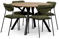 Lynden Light Tone Round Table & 4 Green Metal Upholstered Side Chairs