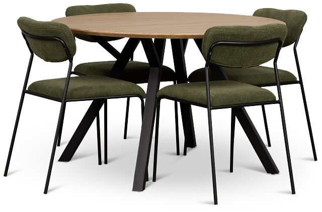 Lynden Light Tone Round Table & 4 Green Metal Upholstered Side Chairs