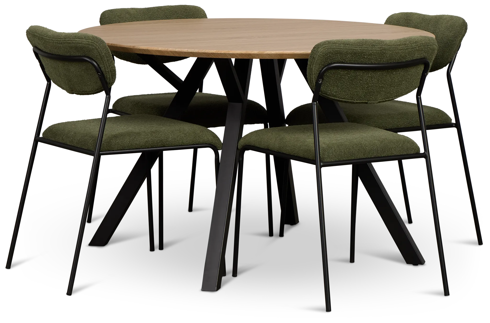 Lynden Light Tone Round Table &amp; 4 Green Metal Upholstered Side Chairs