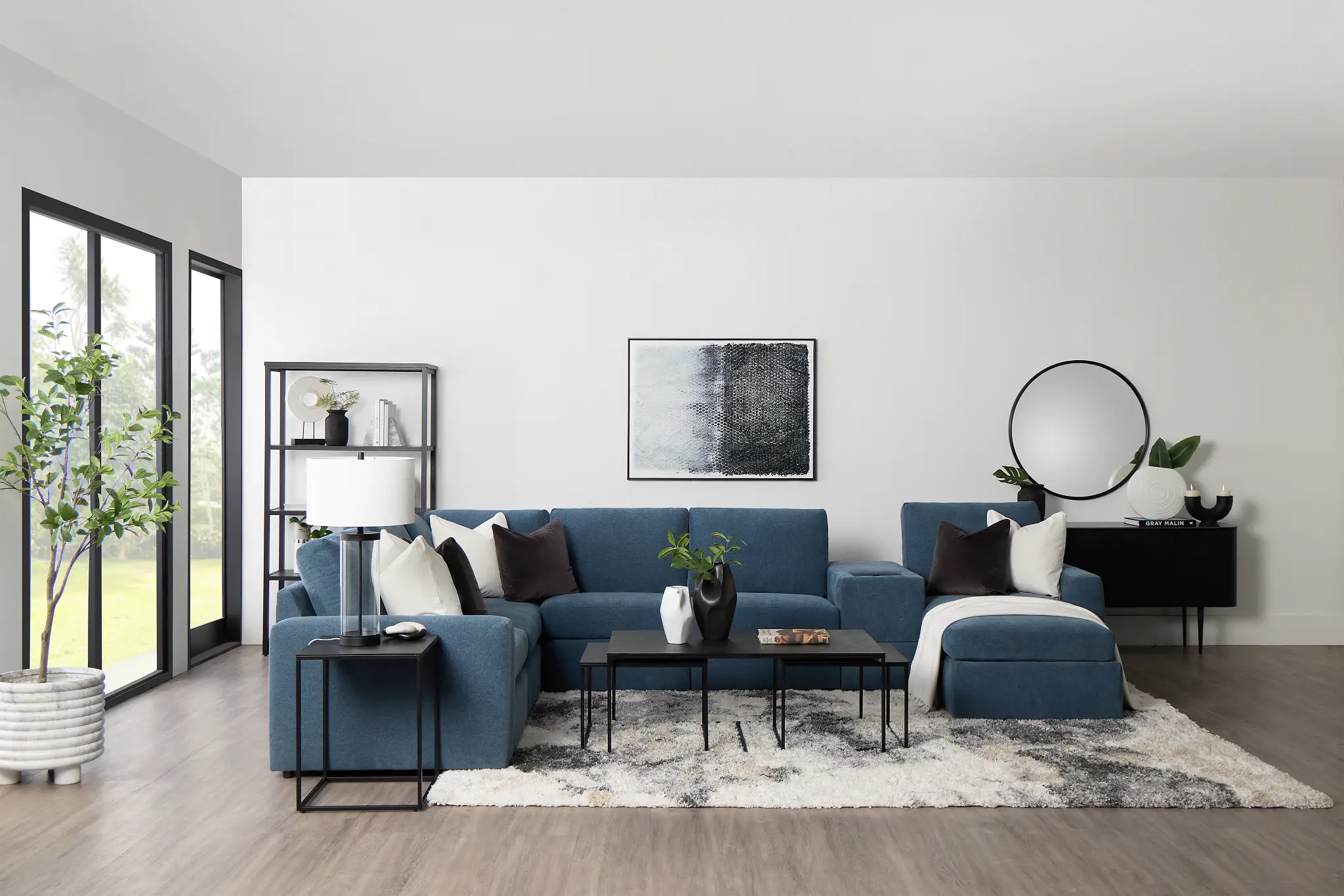 Citymod Blue Fabric Large Right Chaise Sectional With Media Console Citymod Blue Fabric Large Right Chaise Sectional With Media Console