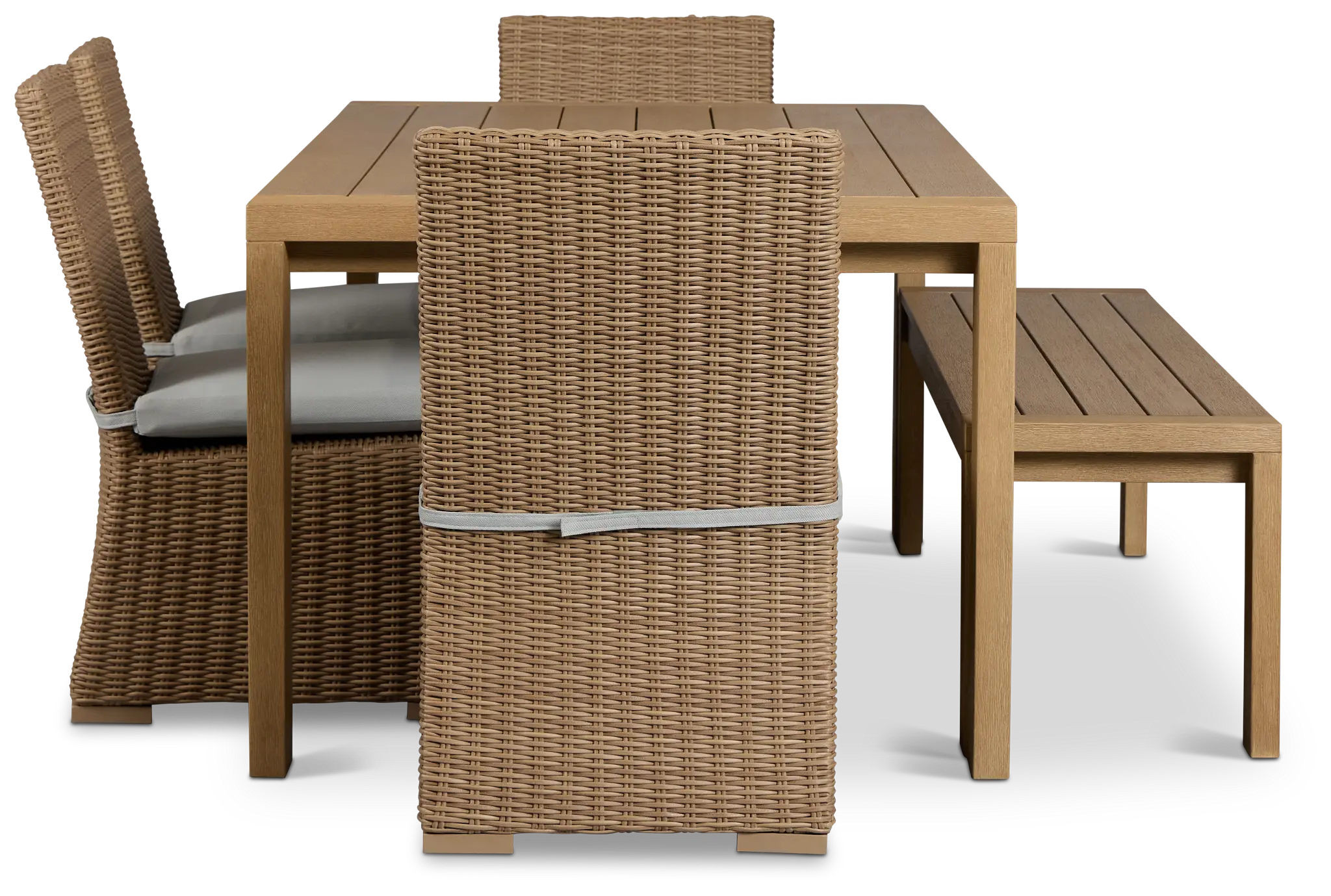 Montecito Mid Tone Table, 4 Chairs & Bench With Light Blue Cushions Montecito Mid Tone Table, 4 Chairs & Bench With Light Blue Cushions