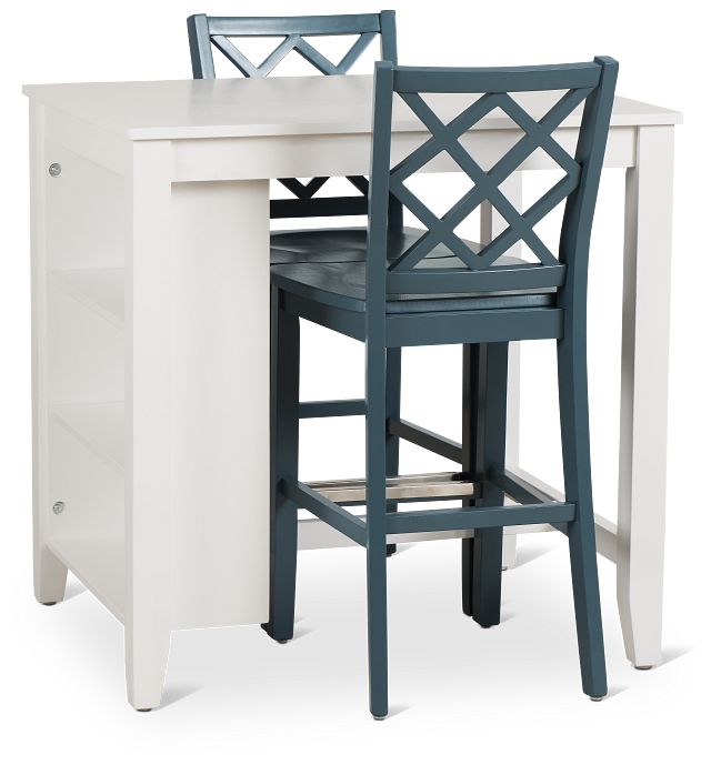 Edgartown White Storage High Table & 2 Navy Wood Barstools