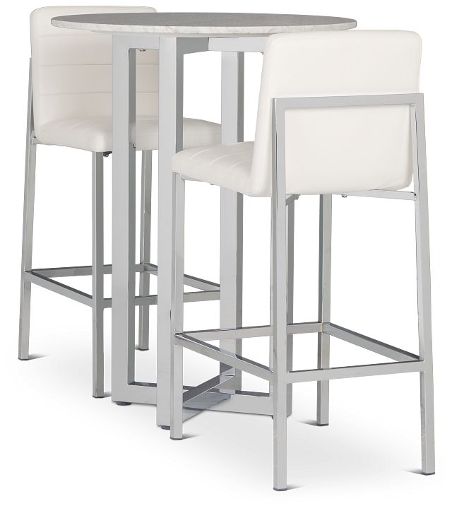 Amalfi White Marble Pub Table & 2 Upholstered Barstools