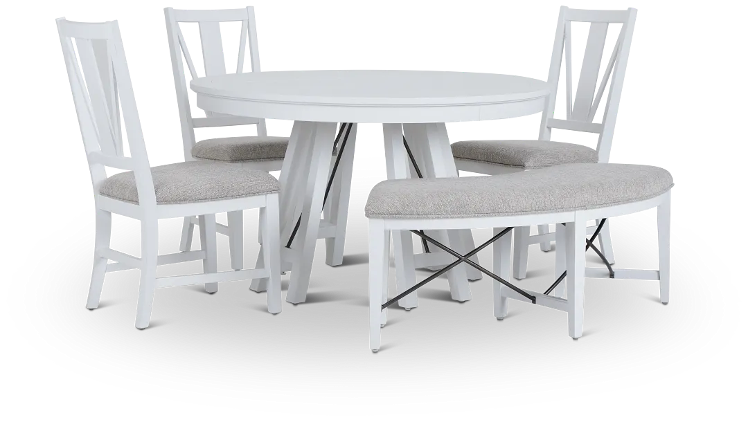 Heron Cove White Round Table, 3 Chairs & Bench