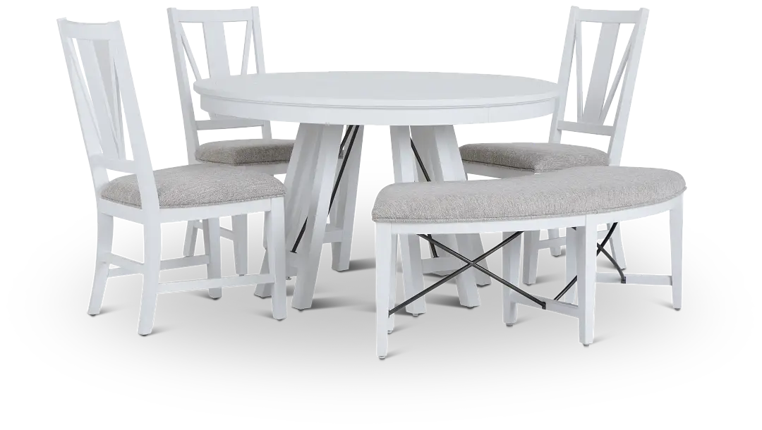 Heron Cove White Round Table, 3 Chairs & Bench Heron Cove White Round Table, 3 Chairs & Bench