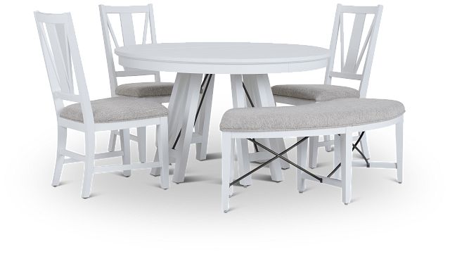 Heron Cove White Round Table, 3 Chairs & Bench (1)