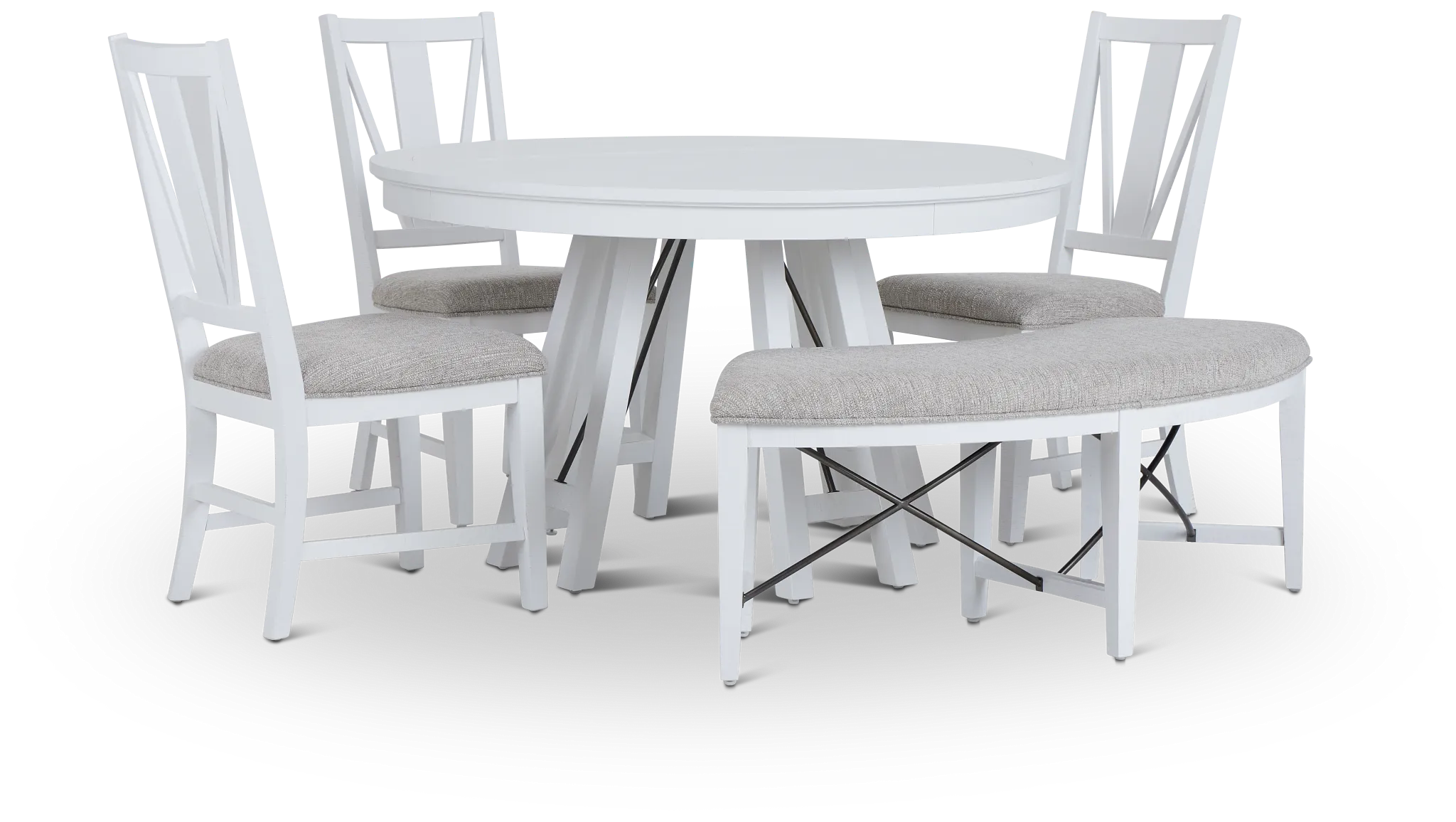 Heron Cove White Round Table, 3 Chairs & Bench