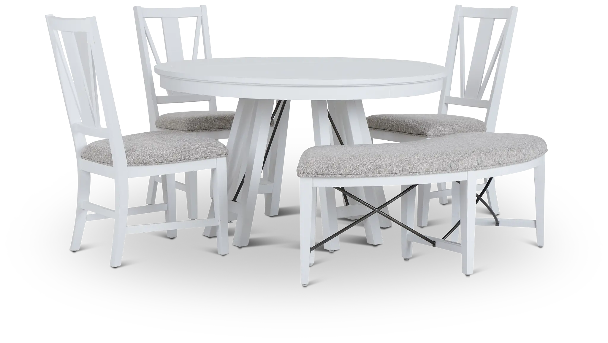 Heron Cove White Round Table, 3 Chairs & Bench Heron Cove White Round Table, 3 Chairs & Bench
