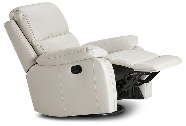 Mason Light Gray Leather Swivel Glider, Servillo White Leather Power Plus Reclining Sofa