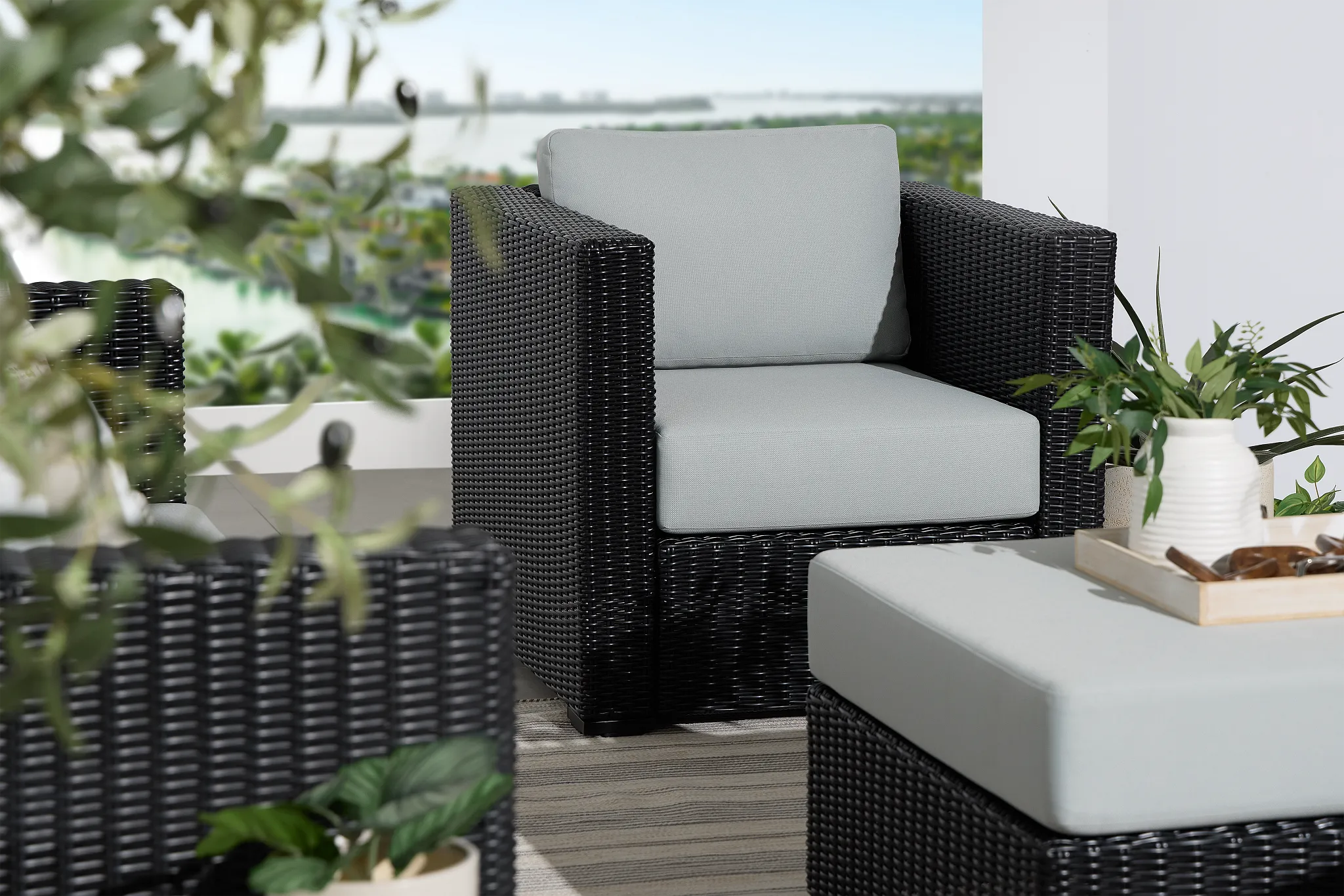 Montecito Black Chair With Light Blue Cushions