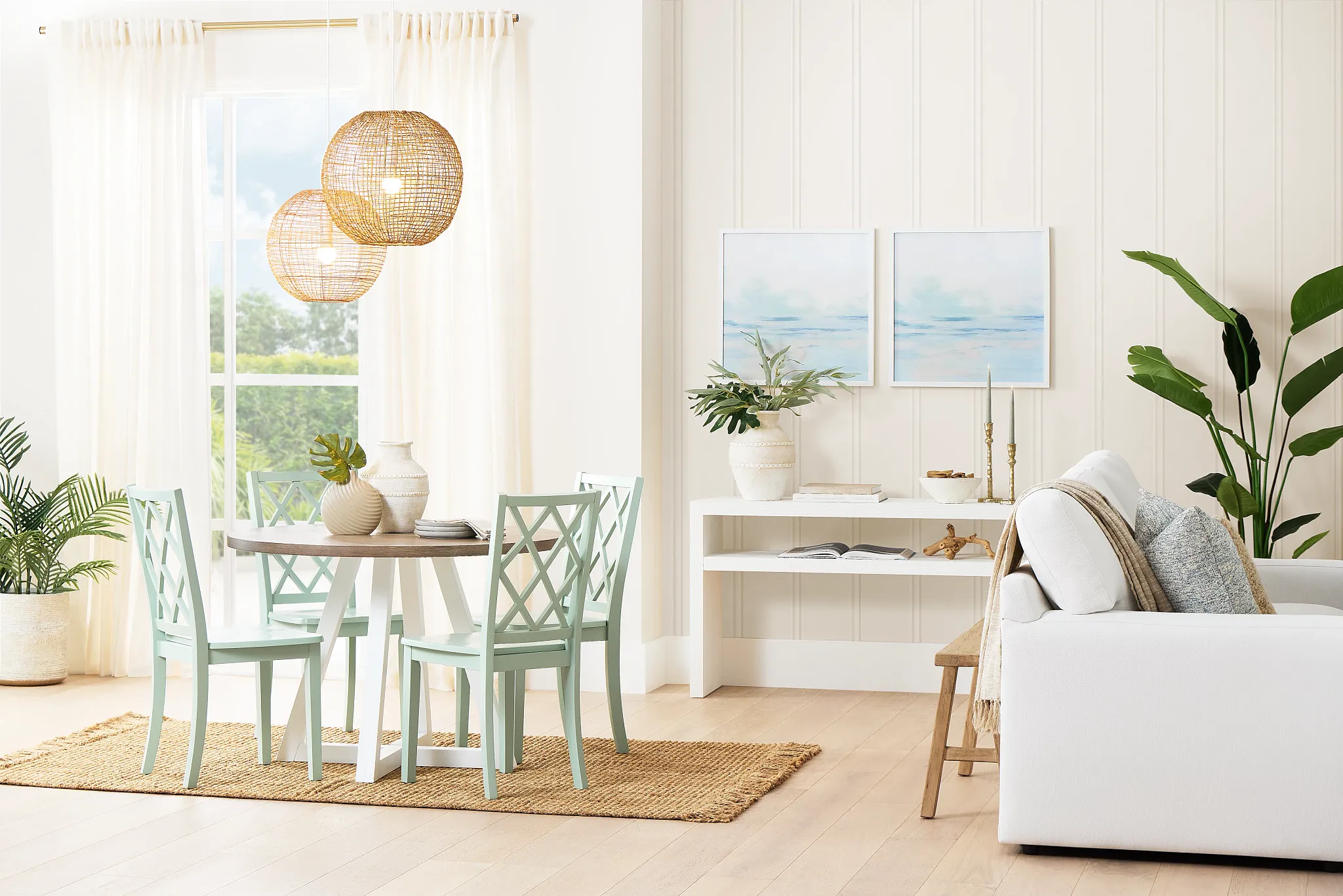 Edgartown Two-tone Round Table & 4 Light Blue Wood Chairs