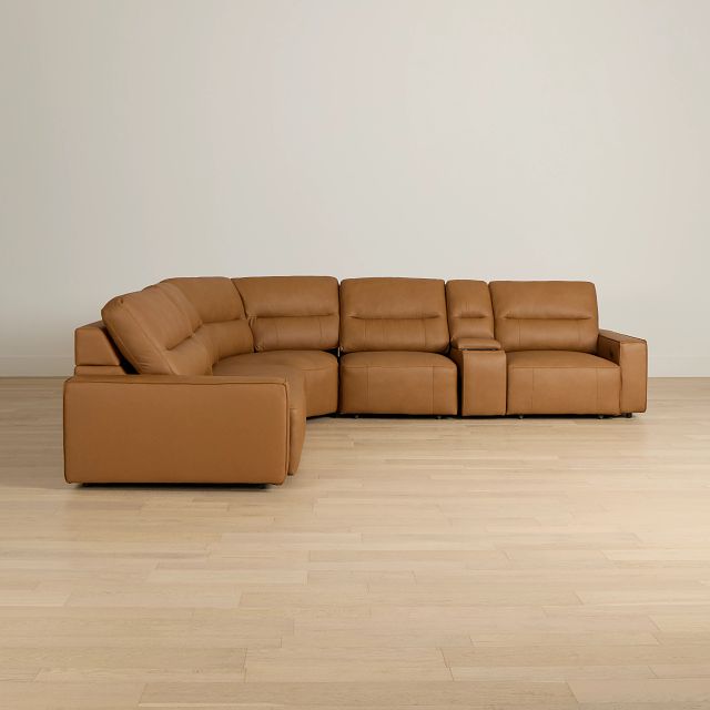 Rudy Brown Lthr/vinyl Medium Dual Power 2 Arm Extension Chaise Sectional
