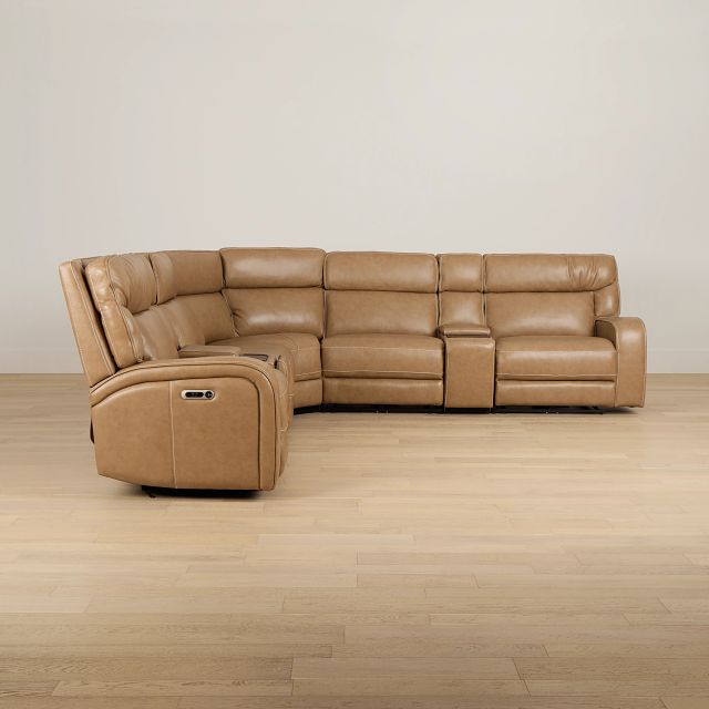 Jasper Light Brown Leather Large Triple Power Reclining Two-arm Sectional