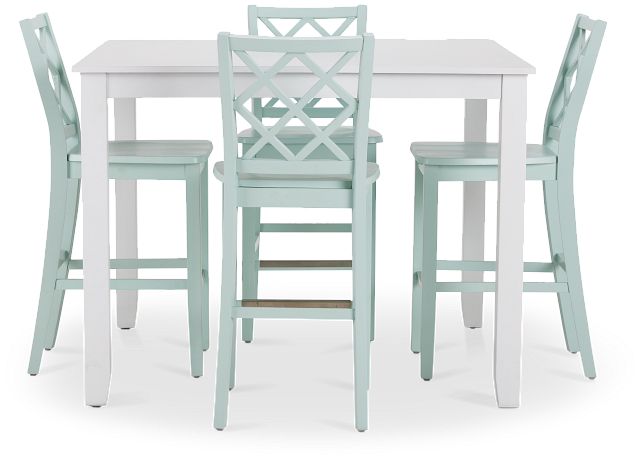 Edgartown Rectangular White High Table & 4 Light Blue Wood Barstools