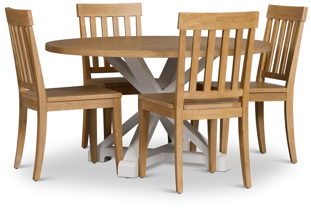 Nantucket Two-tone Pine Round Table & 4 Light Tone Chairs