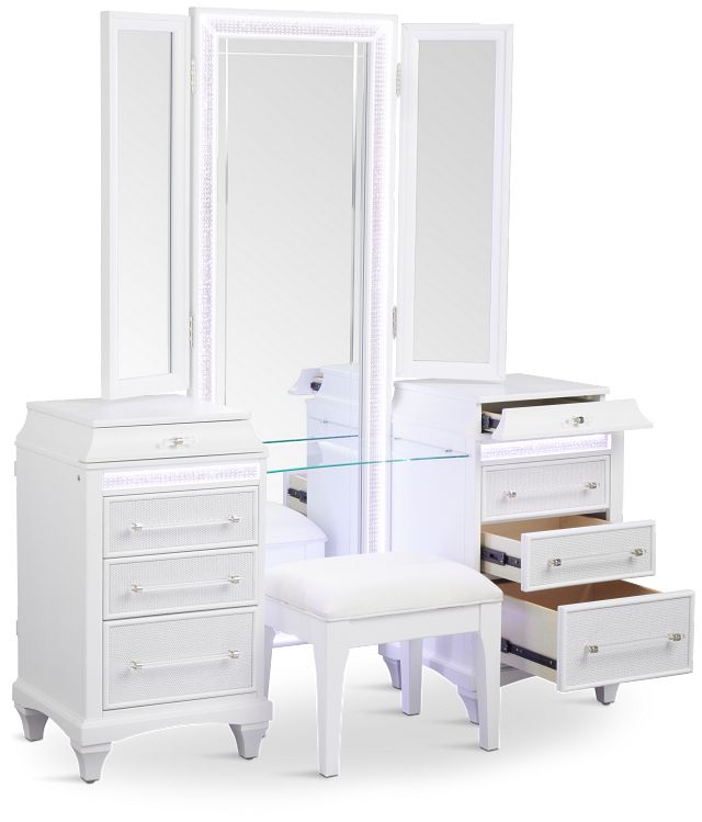 Milan White Vanity & Mirror With Stool