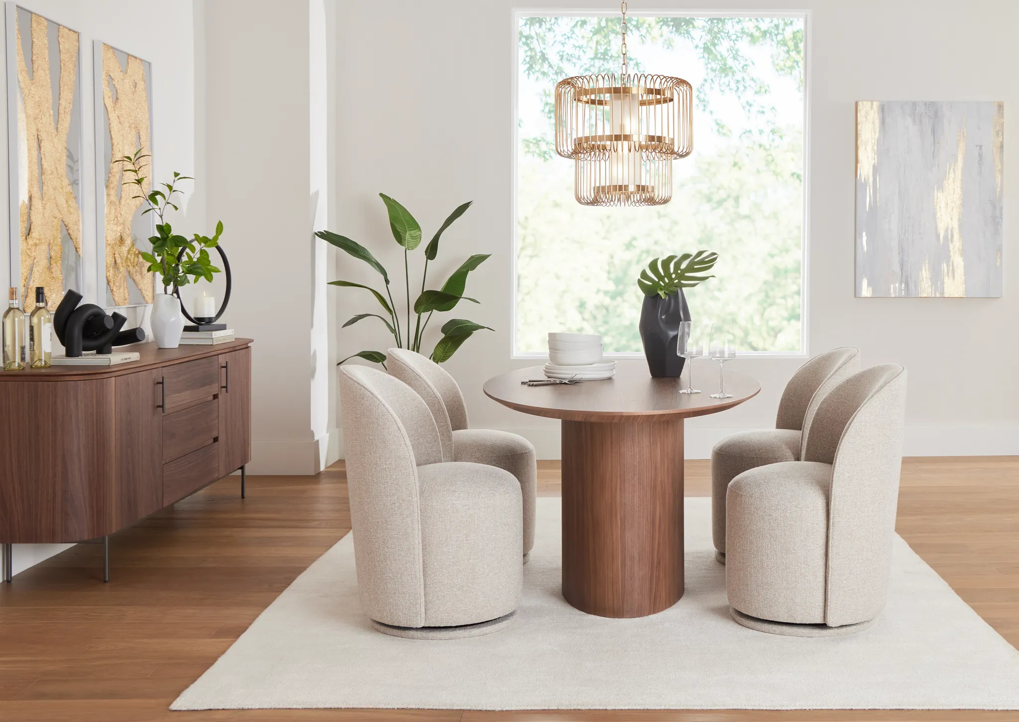 Nomad Mid Tone 78" Round Table & 4 Beige Upholstered Chairs