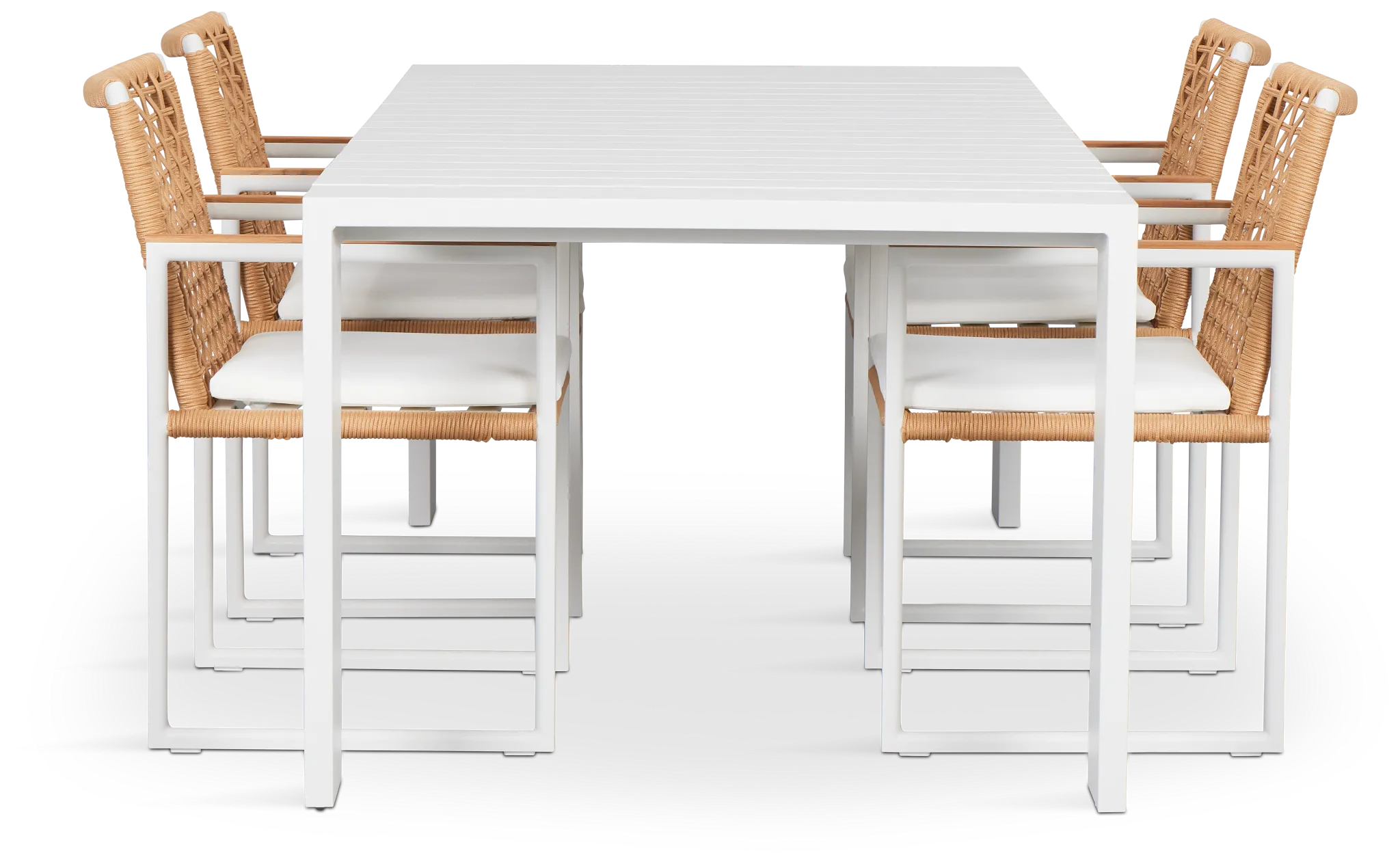Sunrise White 86" Rectangular Table & 4 Teak Arm Chairs