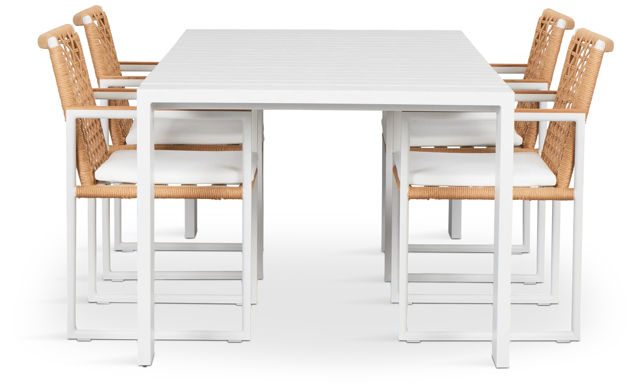 Sunrise White 86" Rectangular Table & 4 Teak Arm Chairs Sunrise White 86" Rectangular Table & 4 Teak Arm Chairs