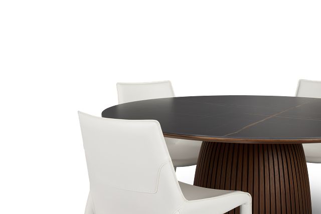 Wayne Two-tone Stone Round Table & 4 White Upholstered Chairs