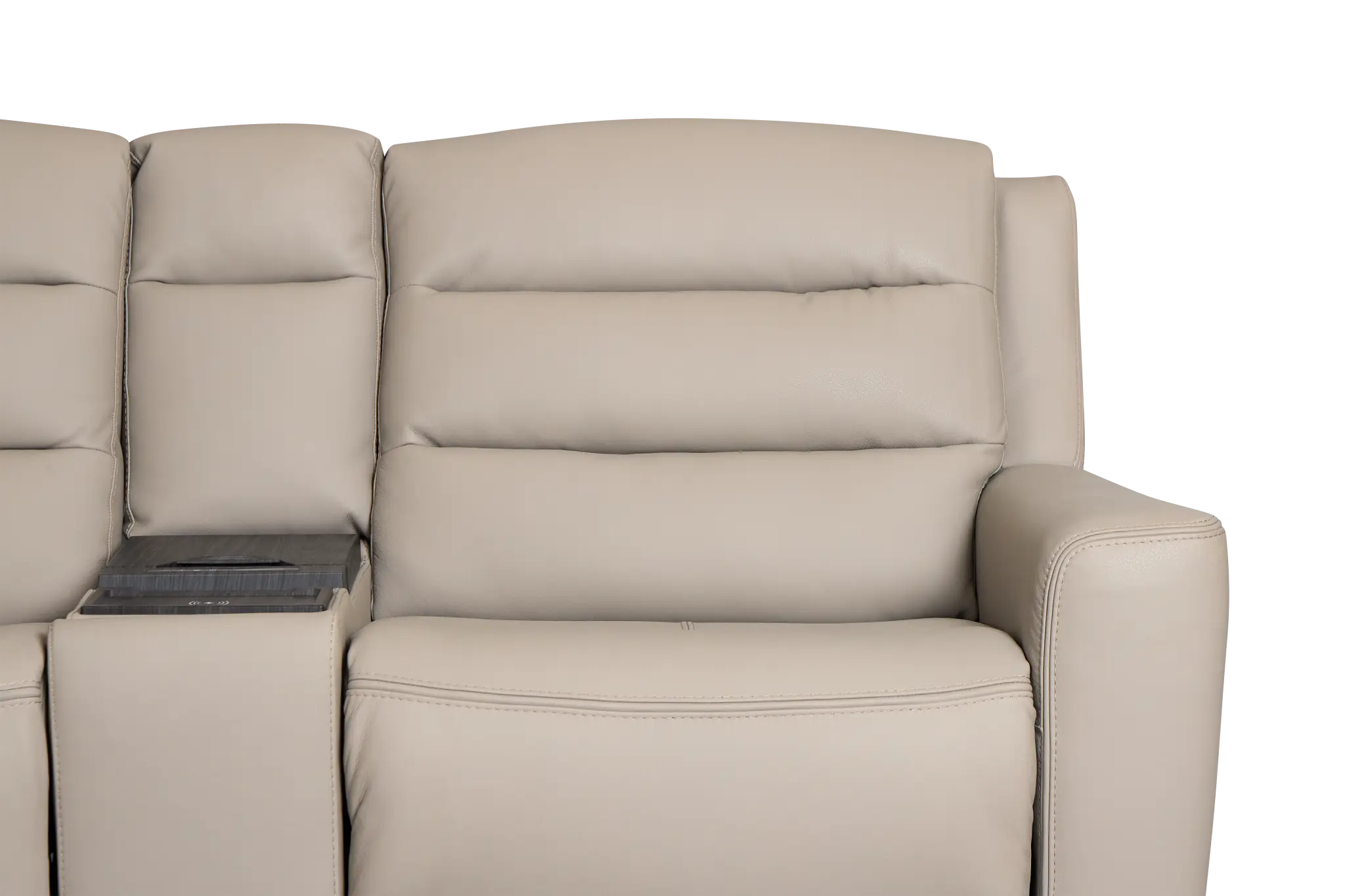 Wilder Taupe Leather Large Tri Power Sectional W/refrigerated Console Wilder Taupe Leather Large Tri Power Sectional W/refrigerated Console