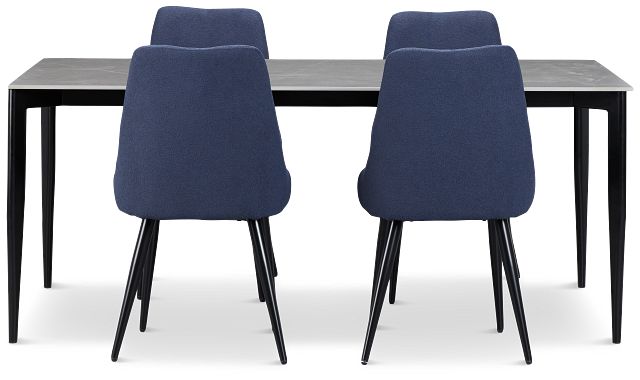 Andover Gray Rect Table & 4 Dark Blue Upholstered Curved Chairs