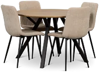 Lynden Light Tone Round Table With 4 Beige Upholstered Side Chairs