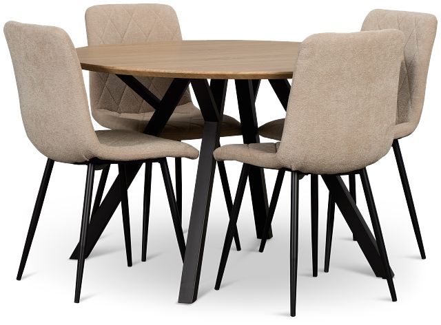 Lynden Light Tone Round Table With 4 Beige Upholstered Side Chairs