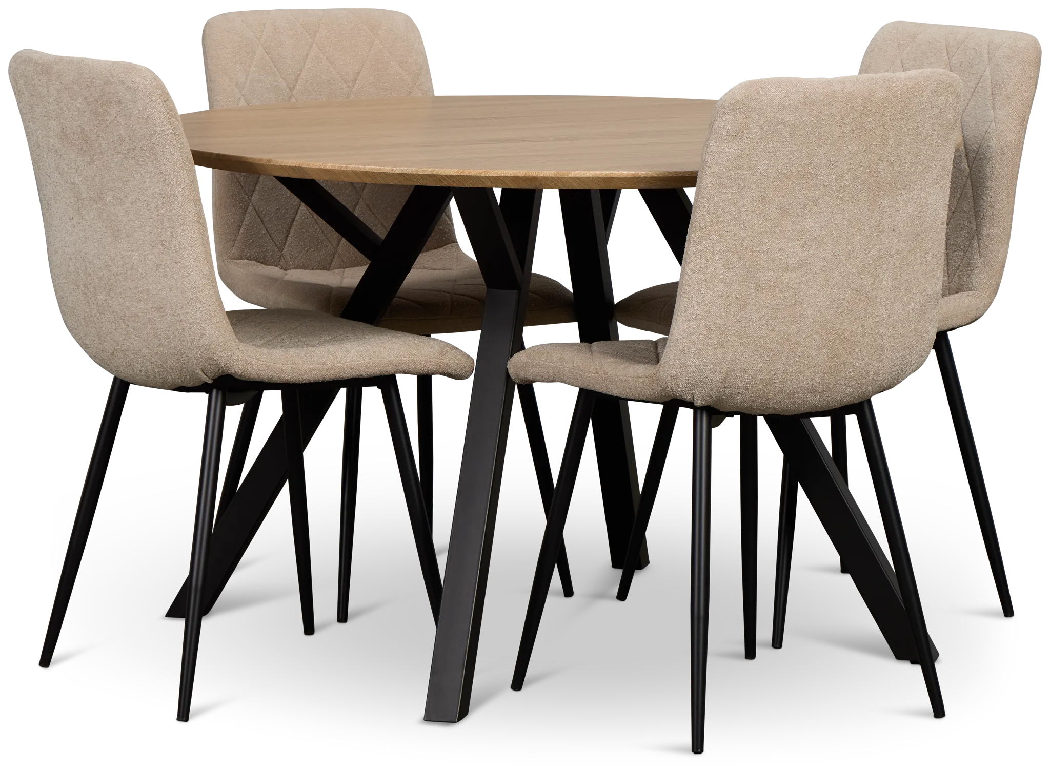 Lynden Light Tone Round Table With 4 Beige Upholstered Side Chairs