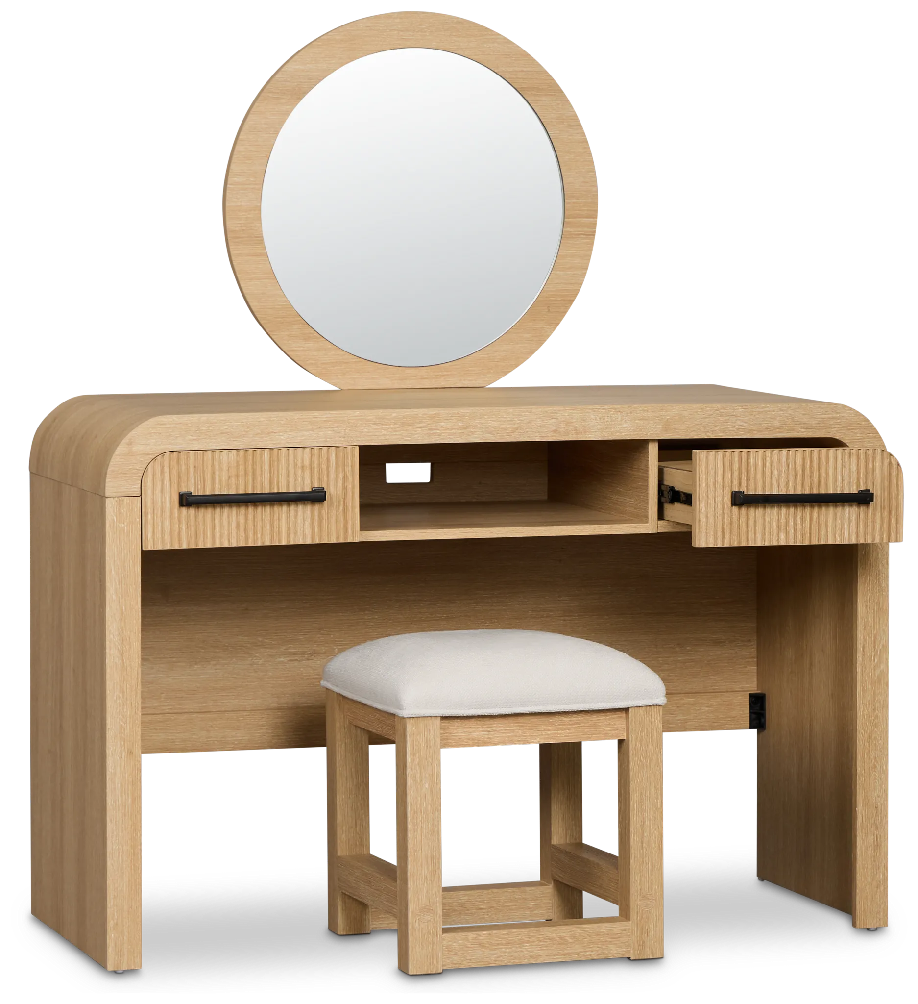 Lyndie Light Tone Vanity & Mirror With Stool