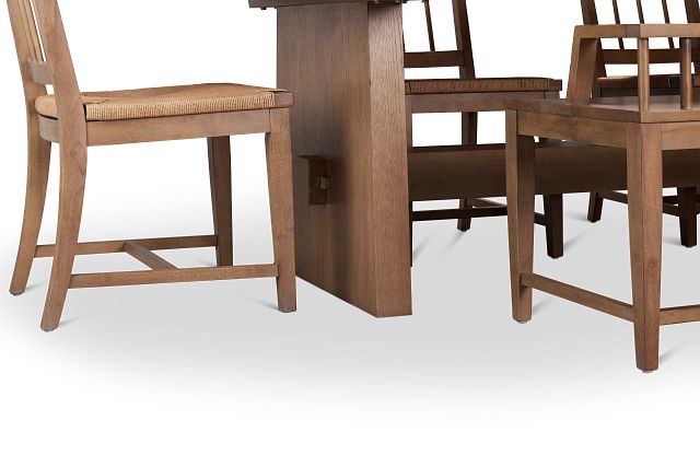 Provo Mid Tone Trestle Table, 4 Woven Chairs & Bench