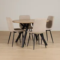 Lynden Light Tone Round Table With 4 Beige Upholstered Side Chairs