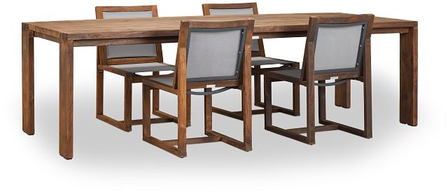 Linear Teak 102" Teak Table & 4 Teak Sling Side Chairs