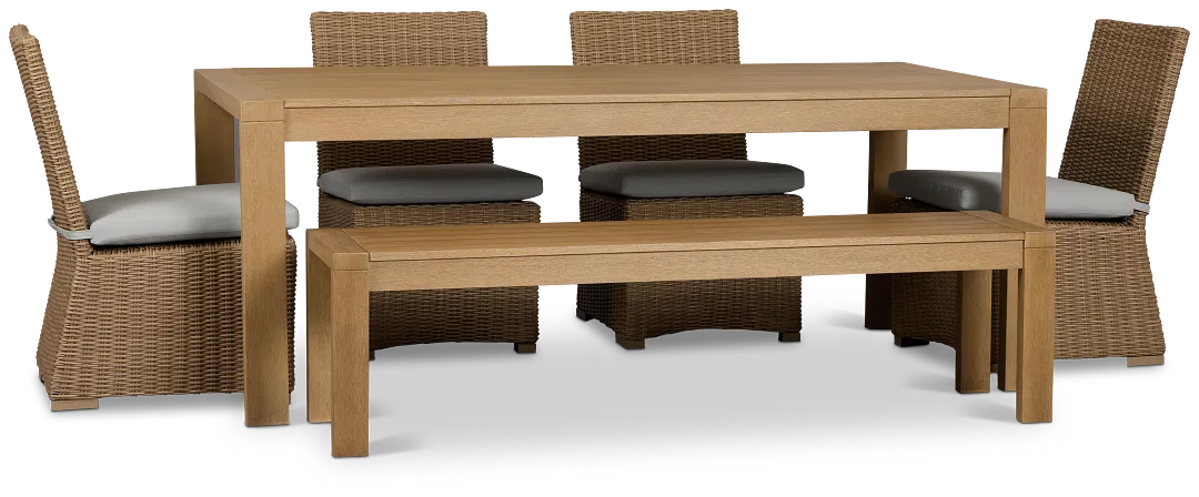 Montecito Mid Tone Table, 4 Chairs & Bench With Light Blue Cushions