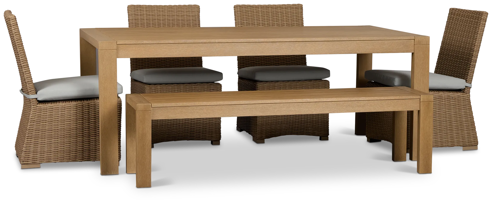 Montecito Mid Tone Table, 4 Chairs & Bench With Light Blue Cushions