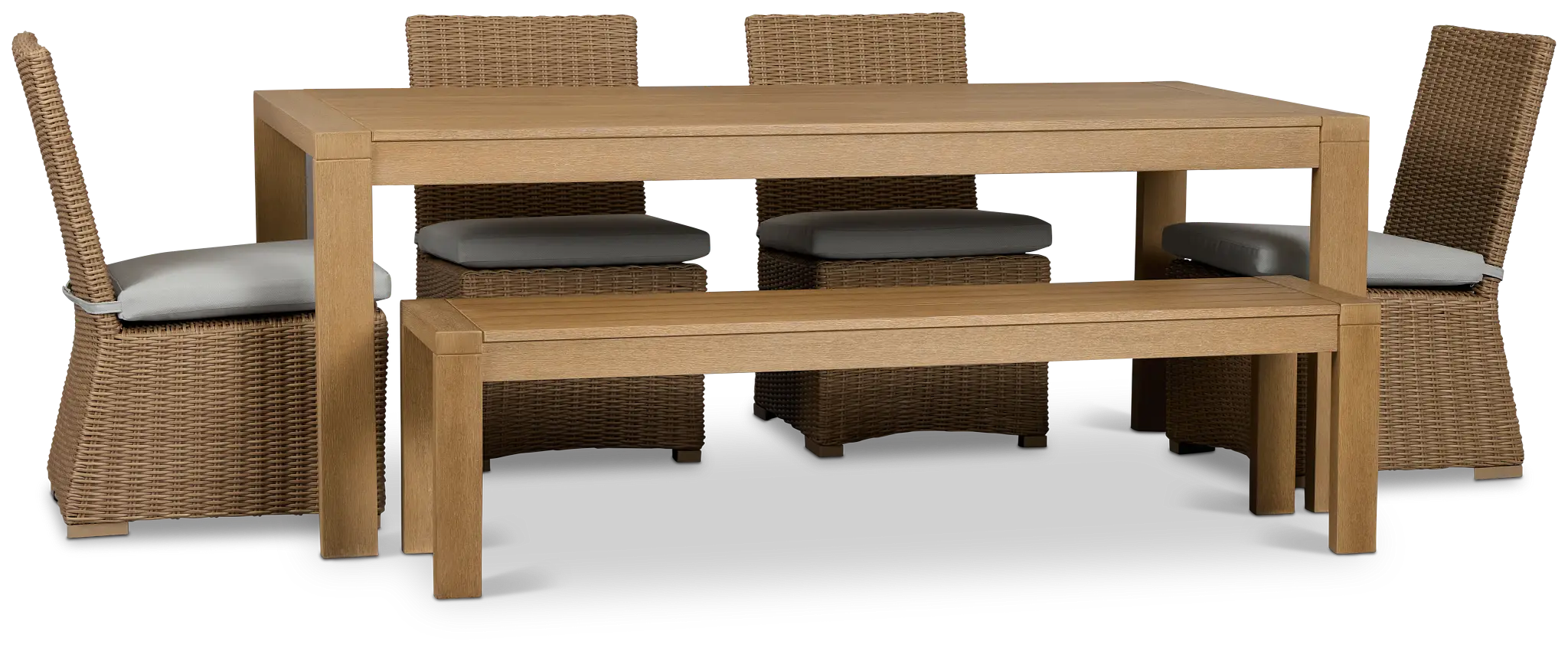 Montecito Mid Tone Table, 4 Chairs & Bench With Light Blue Cushions Montecito Mid Tone Table, 4 Chairs & Bench With Light Blue Cushions