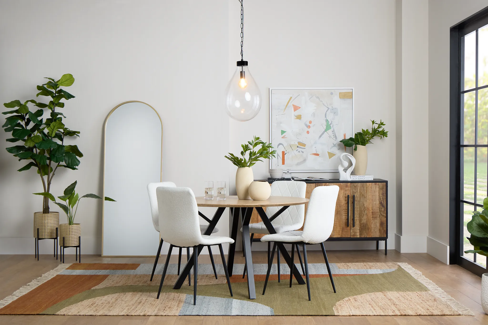 Lynden Light Tone Round Table & 4 White Upholstered Side Chairs