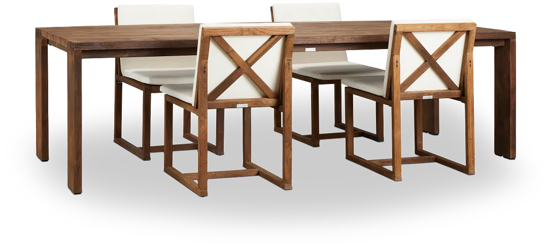 Linear Dark Gray White 102" Teak Table & 4 Teak Cushioned Side Chairs