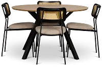 Lynden Light Tone Round Table & 4 Beige Woven Upholstered Side Chairs