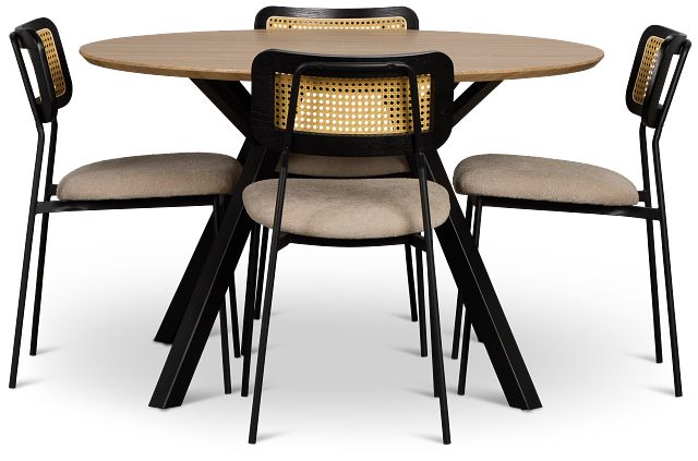 Lynden Light Tone Round Table & 4 Beige Woven Upholstered Side Chairs
