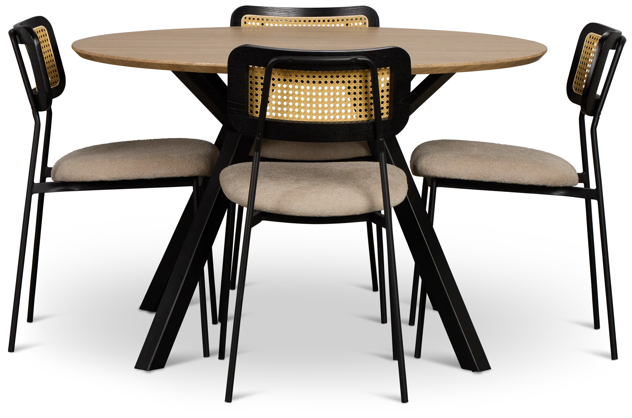 Lynden Light Tone Round Table & 4 Beige Woven Upholstered Side Chairs