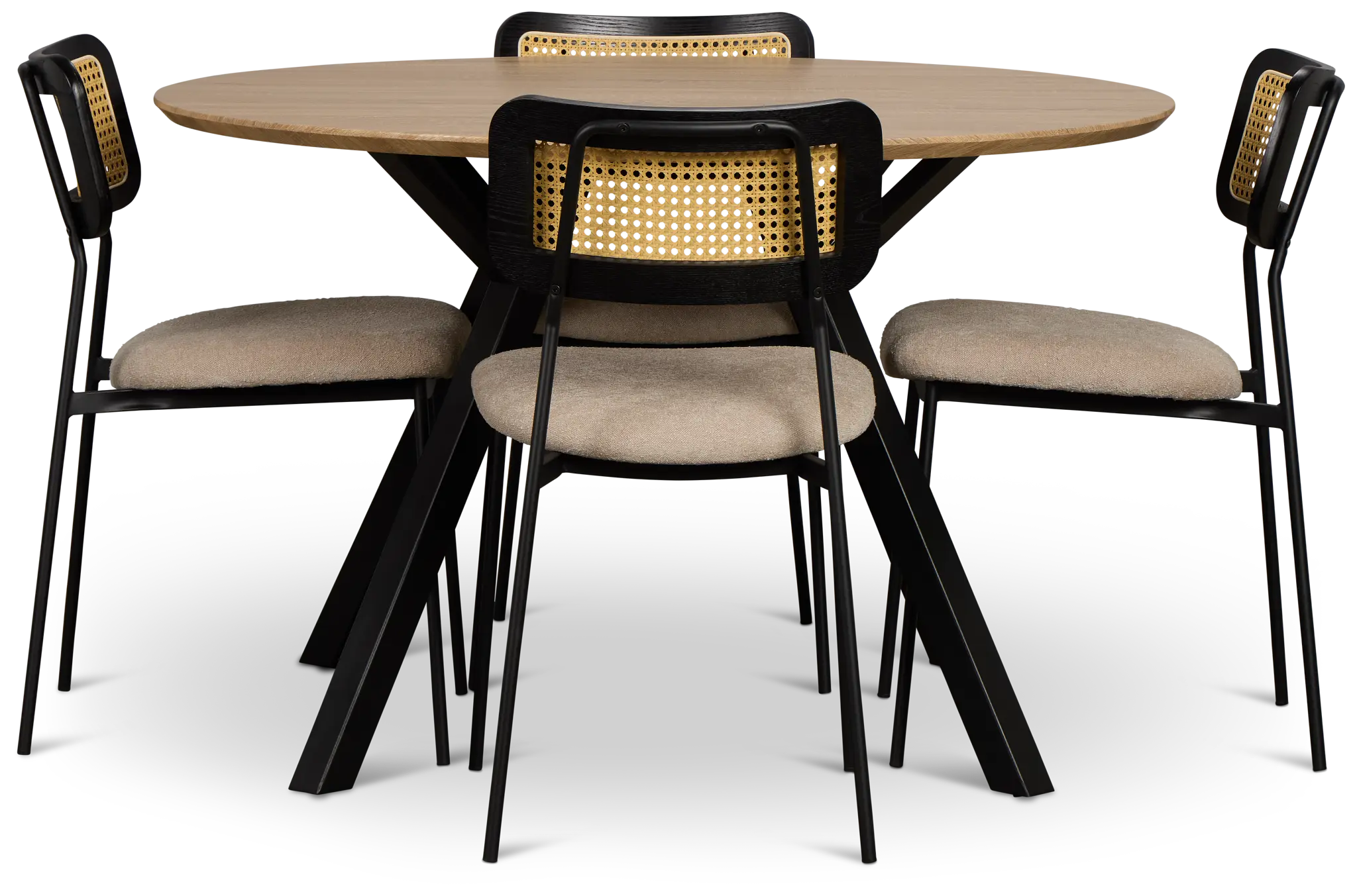 Lynden Light Tone Round Table & 4 Beige Woven Upholstered Side Chairs Lynden Light Tone Round Table & 4 Beige Woven Upholstered Side Chairs