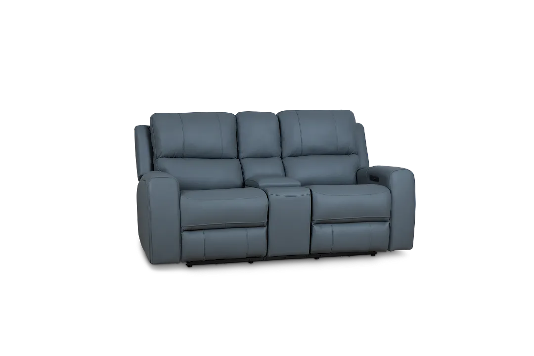 Summit Blue Lthr/vinyl Power Reclining Console Loveseat W/ Power Headrest