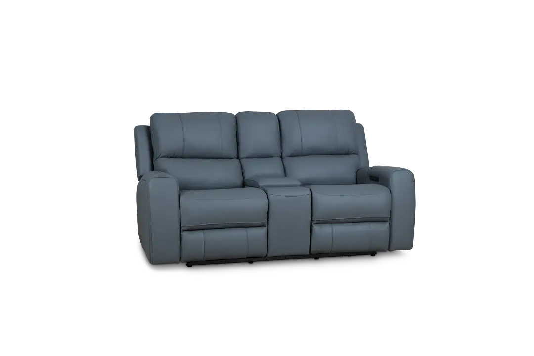 Summit Blue Lthr/vinyl Power Reclining Console Loveseat W/ Power Headrest Summit Blue Lthr/vinyl Power Reclining Console Loveseat W/ Power Headrest