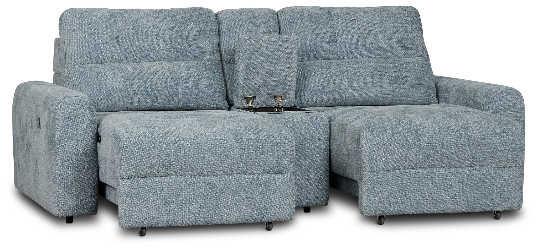 Hendrix Light Blue Fabric Power Extension Chaise Console Loveseat