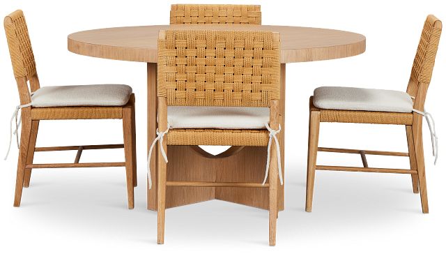 Malibu Light Tone Wood Round Table & 4 Woven Chairs