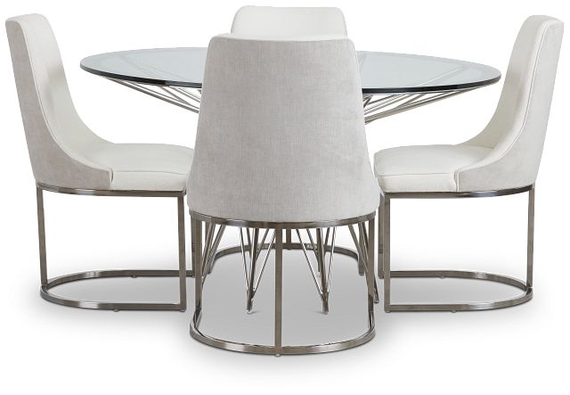 Cullen Glass Round Table & 4 White Upholstered Chairs